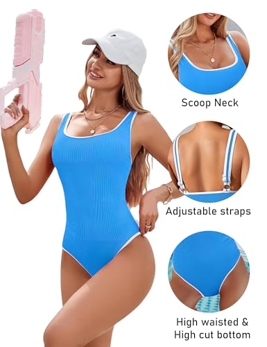 Image of BMJL Women's One Piece Swimsuit Sports Adjustable Strap Bathing Suit Color Block Ribbed High Cut Swimsuits