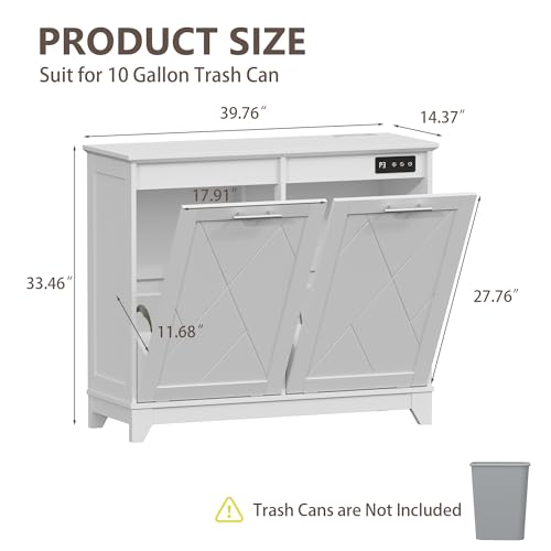 Image of Double Tilt Out Trash Can Cabinet with Charging Station, Negative Ion Odor Control, Hidden Dual 10-Gallon Recycling Cabinet, Dog Proof Garbage Can for Kitchen, Laundry, Dining Room,White