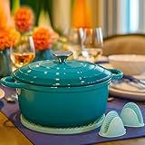 Nilpferd Gusseisen Topf Schmortopf 22cm Emaille Bräter mit Deckel Topflappen, Kasserollen Bratentopf brot backen für Schmoren Braten Incl.1 Paar Silikon Ofenhandschuhe &Topfuntersetzer(Blaugrün,3L)