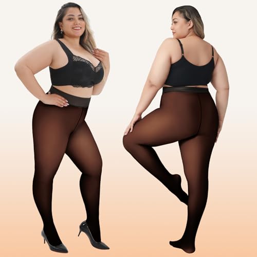 Image of WiliW Plus Size Fleece Lined Tights for Women, Sheer Winter Warm High Waist Thermal Tights Fake Translucent