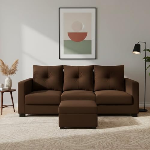 Image of FURNY Amonster 4 Seater L Shape Sofa Set with Movable Ottoman | Flexible Left or Right Layout | Plush Velvet Fabric (Dark Brown) | Perfect for Living Room, Guest Room & Office