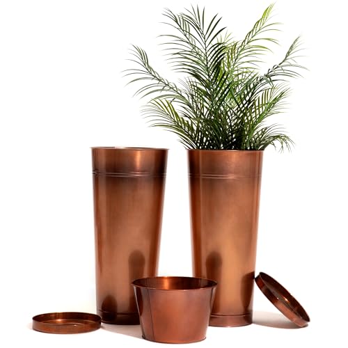 28inhandcraftedtallcoppermetalvintagelightweightplantersetporchesindooroutdoorterraces2tallplanters2innerpotswithholes2trays Urban Country Home Decor 28in handcrafted tall copper metal vintage lightweight planter set porchesindooroutdoorterraces 2 tall planters2 inner pots with holes 2 trays urban country home decor