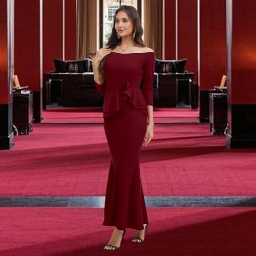 Image of Women's Elegant Formal Mermaid Maxi Dress Off Shoulder Long Sleeve Wedding Split Evening Gown Prom Cocktail Party Dresses
