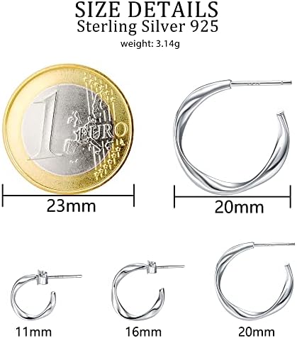 Lydreewam 925 Sterling Silver Twisted Half Hoop Earrings for Women Ladies Hoop Earrings, Diameter 11/16/20mm