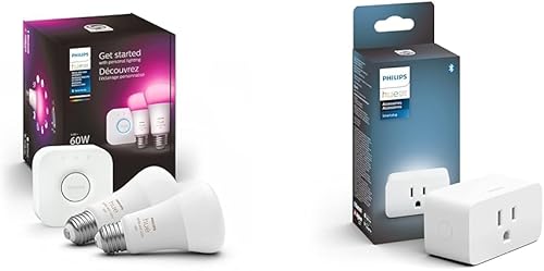 Miniatura 1 de Philips Hue - Kit de iniciación de luz inteligente, incluye (1) puente y (2) bombillas LED A19 de 60 W y enchufe inteligente, color blanco, 1