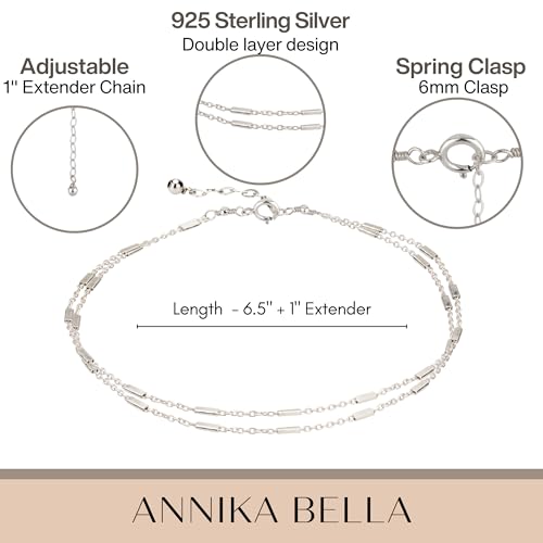 Annika Bella Double Layered Sterling Silver Bracelet, Length 6.5-7.5 Inches, Chain Bracelets for Women, Waterproof Minimalist 925 Women's Jewelry (Satellite Bar Chains)