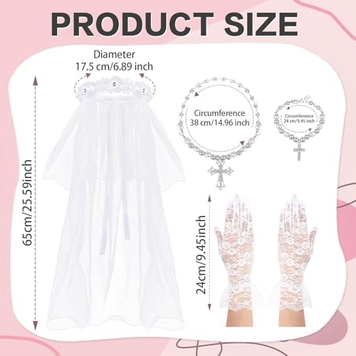AUGSUN 4Pcs Girls First Communion Veils Set - White Pearl Floral Crown Veil, Lace Gloves, Necklace & Bracelet for Girls Wedding Party Costume3