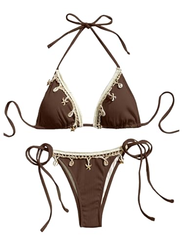 Verdusa Women's 2 Piece Halter Triangle Bathing Suit Ribbed