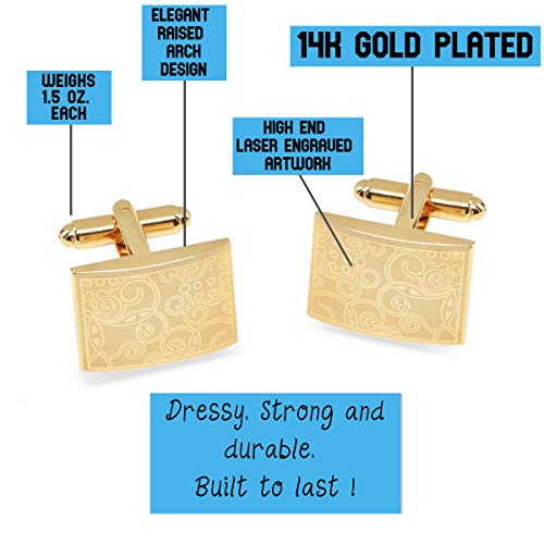 Jewelsiq Mens Cufflinks 14K Gold Plated Rectangle Shaped Laser Engraved Elegant Design Gold-Plated-Brass #TOP1