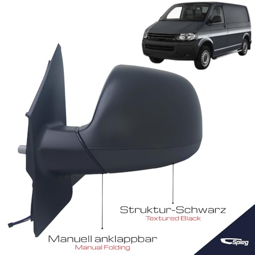 Spieg Außenspiegel Links für Volkswagen Transporter T5 | Multivan V 2010-2015 Manuell Einklappbar, Elektrisch Verstellbar, Beheizt, Schwarz, 5 PIN (Fahrerseite)