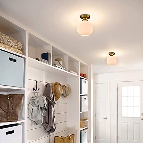 Image of Gold Semi Flush Mount Ceiling Light with Milk Opal Glass Shade | Opaque Ceiling Light Fixture with Hand-Blown Glass, Impurity-Free, Quick Installation for Living Room Bedroom Hallway