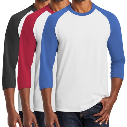Jnriver Men's 3-Pack 3/4 Sleeve Raglan Baseball T-Shirts - White/Black, White/Red, White/Royal - Medium