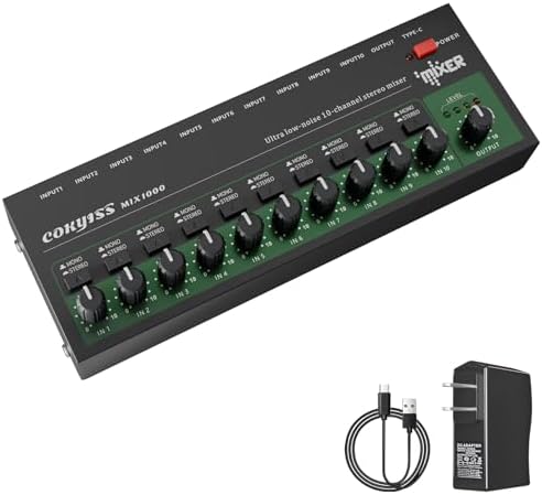 COKYISS Mini mezclador de audio pequeño, 10 canales, mezclador de línea estéreo para submezcla, ultra bajo ruido, control independiente de micrófono, entrada/salida TRS de 1/4 pulgadas, para barras,