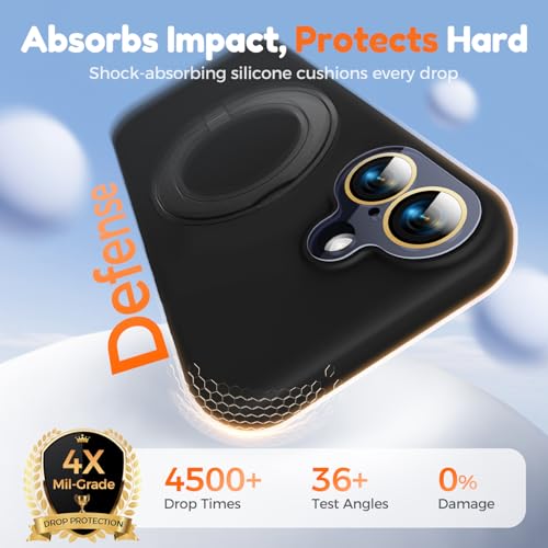 Image of Silicone 360 Spin Magnetic Stand Case for iPhone 17, [Compatible with Mag-Safe][Reinforced Hard Camera Protection]Shockproof Liquid Silicone Rubber Phone Case Cover with Ring, Camera Button, Jet Black