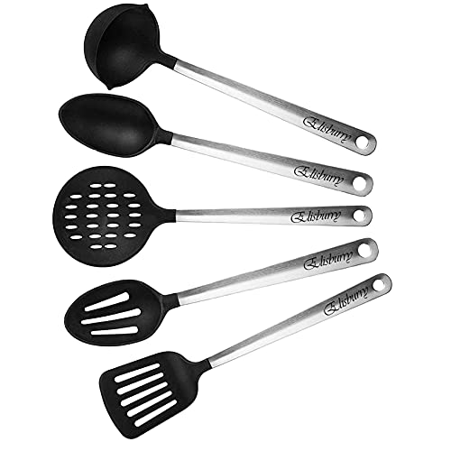 B BOZZBY™Nylon Nonstick Skimmer/Turner/Ladle Scoop/Serving Spoon/Slotted Serving Spoon for Kitchen Cooking Backing Utensil Tools Set (Black Color- Combo of 5 Pcs)