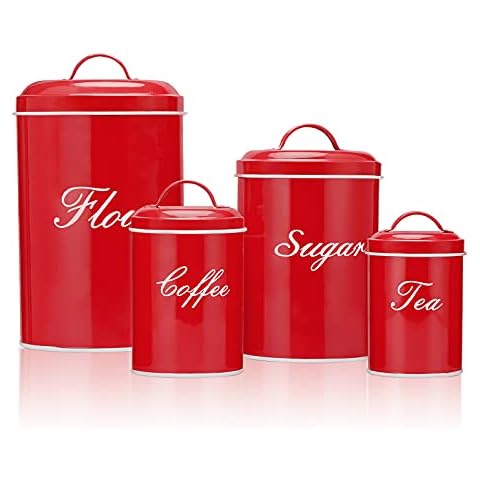 Deppon Canister Sets for Kitchen Counter, Flour and Coffee Containers, Vintage Farmhouse Design Food Storage Container with A Removable Lid, 4 Pack (Red) Cover