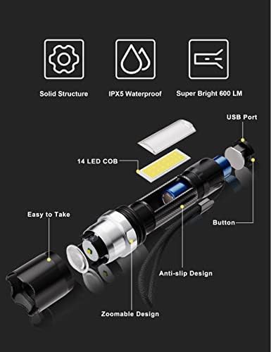 Fulighture LED Torch, Flashlight USB Rechargeable, Adjustable Focus, Zoomable Porcket Torches, Super Bright Powerful Magnetic, Waterproof 3 Modes, Handheld for Outdoor Camping Hiking Fishing