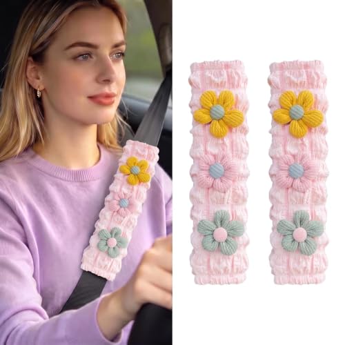 Image of Cute Pink Flower Seat Belt Cover Pads for Women Girls - Soft Plush Seatbelt Cushion, Fun Car Accessories (2, Woolen Flower Pink Seersucker Pad)