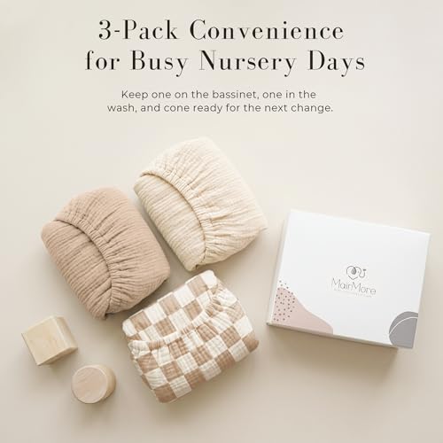Image of MairMore 3 Pack Muslin Bassinet Sheets for Babies, Soft & Breathable 100% Cotton Fitted Sheets for Oval, Rectangle, Hourglass Bassinet Mattress Pads (Milky Coffee)