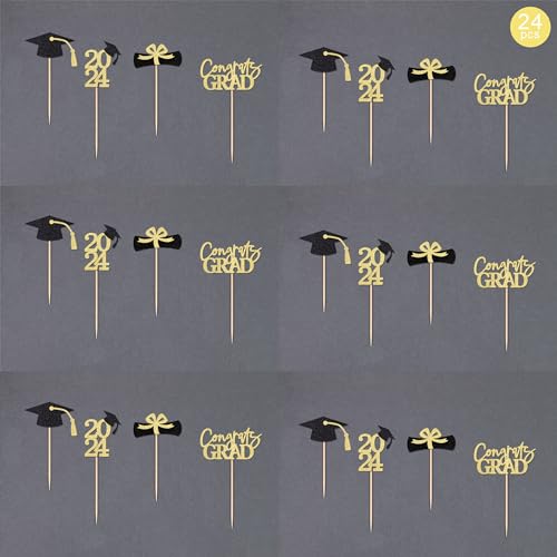 Gexolenu 24 Pcs Gold Class Of 2024 Graduation Cupcake Toppers Double-Sided Glitter Grad Cap Cake Toppers For Graduation Party Supplies 2024 Graduate Party Cake Picks Graduation Decorations thumb #2