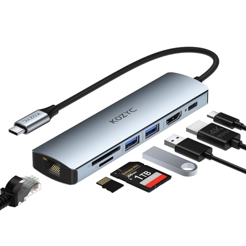 USB C Hub HDMI Ethernet, KOZYC 7 in 1 USB C Hub HDMI 4K @ 60Hz, 1Gbps Ethernet, 100W PD Charging, 2 USB 3.0 Data, SD/TF Card Slots Port, for Laptop, MacBook Pro, iPad, UHDTV, Steam Deck