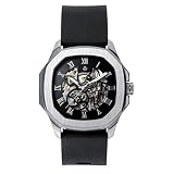 ASKUM Orologio meccanico in acciaio inossidabile con quadrante quadrato automatico con cinturino in silicone, Argento
