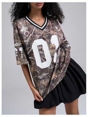 Women's Number Print Mesh Oversized Jersey Shirts Striped Trim Half Sleeve Baggy Camo Graphic Tees2