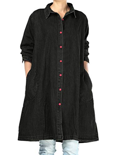 Lavnis Women's Denim Shirt Jacket Plus Size Button Down Jeans Dress Long Sleeve Blouse Coat Black XL