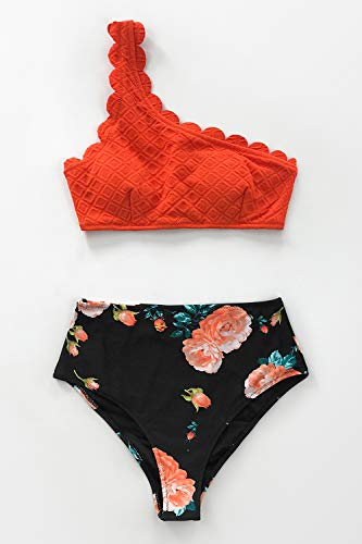 CUPSHE-Damen-Bikini-Set-One-Shoulder-Bikini-Bademode-Wellenkante-High-Waist-Blumenmuster-Zweiteiliger-Badeanzug-Swimsuit