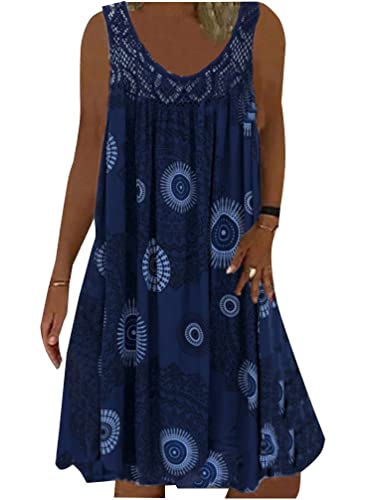 Minetom Sommerkleid Damen Rundhals Spitze Druck Strandkleid A-Linie Kleid Knielang Tunika Kleider Ärmellos T-Shirt Kleid A Marine L