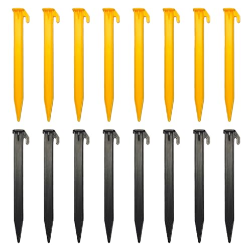 16 PCS 5.7 Inch Plastic Tent Stakes, Heavy Duty Serrated Edges Pegs for Outdoor Camping Lawn Beach Garden Canopy Anchoring and Decoration, Yellow and Black