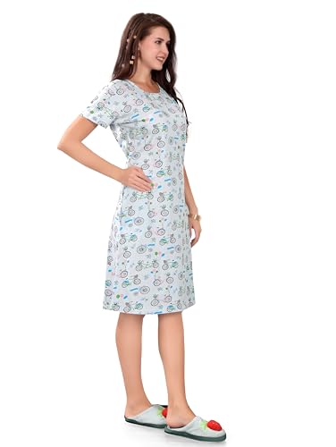 Image of Printed Knee Length Pocket Night Dresses for Women | Cat Lovers | Premium Soft Cotton Nighty | Sky Blue