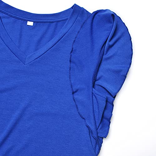 Momood Stylish Maternity Pregnancy V Neck Ruffle Short Sleeve T Shirt Side Ruched Top Shirt Royal Blue Large #TOP3
