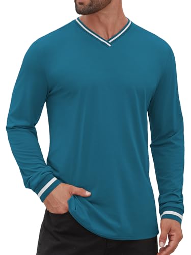 Hardaddy Mens Long Sleeve Tee Shirts Ribbed V Neck T Shirts Men Tshirt Color Block Pullover Tops Blue M