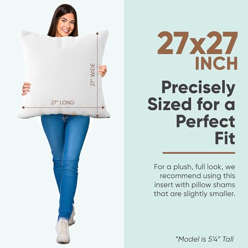 Image of Pillowflex Synthetic Down Pillow Insert 27x27 in - Karate Chop Pillow | Large Square Euro Sham Form, Plush Polyester Cotton Blend, Cloud-Like Comfort, Clump-Resistant Fill, Smooth Elegant Finish