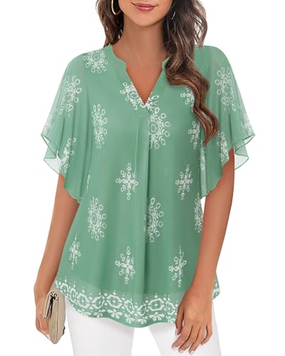 Image of Timeson Women's Short Sleeve V Neck Blouses Shirts Floral Double Layers Mesh Tunics Tops