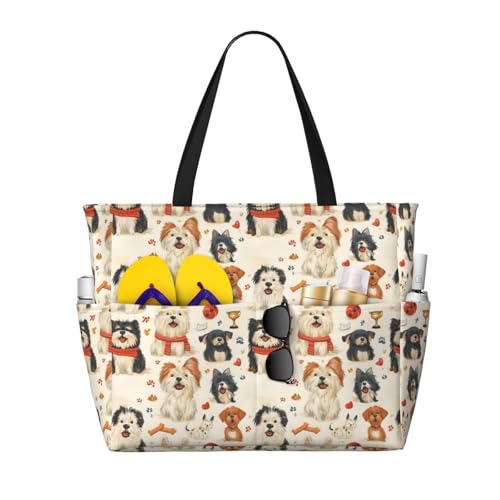 Large Beach Bags for Women Sandproof - Cute Puppies Print Summer Travel Work Tote Bags with Zipper