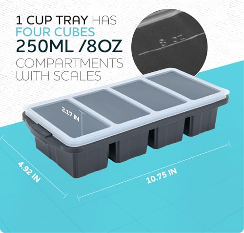 Image of XOMOO Silicone Freezer Tray With Lid - Soup Freezer Container molds - Large Ice Cube Tray- makes 8 perfect 1 cup portions cubes, 2-Pack Freezer Storage Food Soups & Meal Prep - Oven & Dishwasher -Safe