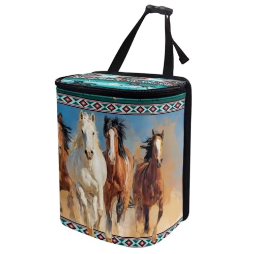 Image of Talayituse Horse Aztec Tribe Print Car Trash Can with Lid, Leak Proof Auto Trash Bag Hanging Vehicle Garbage Can Multipurpose Storage Container for Back Seat Road Trip