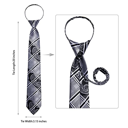 Image of DiBanGu Silk Zipper Ties for Men,Paisley Solid Plaid Pre-tied Tie and Pocket Square Cufflinks Set Formal Adjustable Necktie