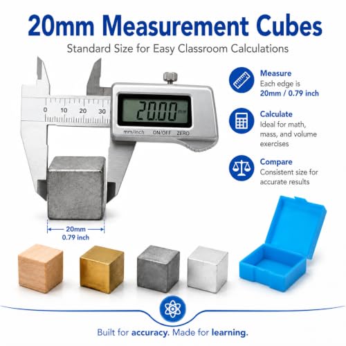Image of Baluue STEM Density Cube Set 4-Pack 20mm Brass, Iron, Aluminum & Wood Blocks for Archimedes Principle & Specific Gravity Labs School & Classroom Science Kit