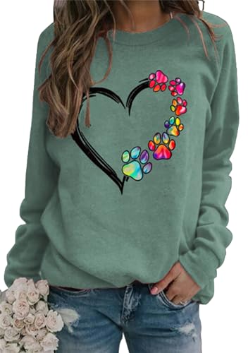 TYQQU Damen Pullover mit Herz und Hundepfote zum Dating mit Freund Langarm Casual Sweatshirt Dunkelgrün XL