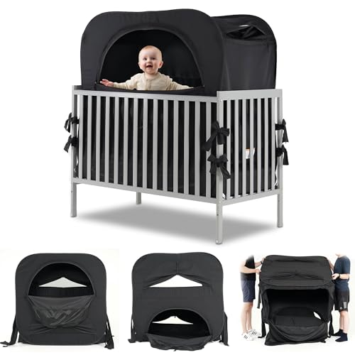 Image of Poray Pop up Baby Privacy Bed Tent Sleeping Crib Tent Cover for Toddler,Blocks 80% Light with Monitor and Fan Pouch Design with Zipper Doors,Breathable Mesh Windows