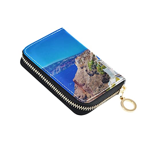 Oia town on Santorini Island Greece Famous houses and ChurchesGrey Credit Card Coin wallet, RFID Blocking Compact Women Leather Card Holder, Key Change Organizer, Zipper Purse Clutch Pouch
