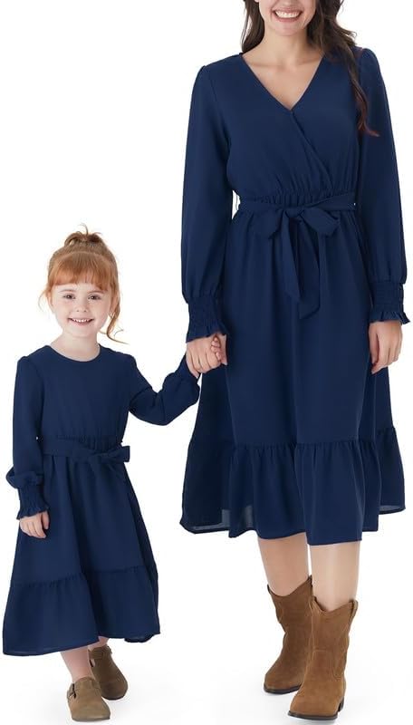 Mom Daughter Dress Set Long Sleeve Stitching Solid Color Family Outfits, Dresses for Girls Partner Look, Mom Daughter Beach Dress, Mom Baby Partner Look