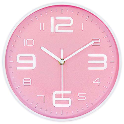 45Min 10 Inch 3D Number Dial Face Modern Wall Clock, Silent Non-Ticking Round Home Decor Wall Clock with Arabic Numerals, Colorful Dial Face (Pink)