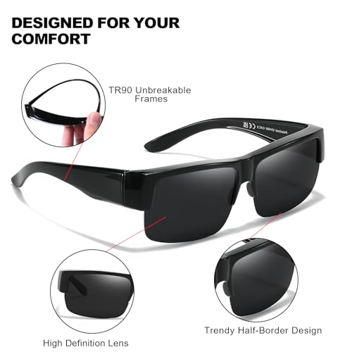 Trysee Polarized Fit Over Glasses Sunglasses for Men Women with Semi Rimless Frame & UV Protection Lenses TS96183