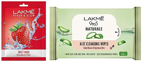 Image of LAKME 9To5 Natural Aloe Cleansing Wipes With Aloe Vera & Glycerine,Alcohol Free,Removes Oil & Dirt,Moisturizes Skin,Biodegradable Fabric,25 Wipes & Lakme Blush & Glow Strawberry Sheet Mask,25 Ml