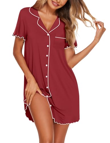 Image of Ekouaer Nightgowns for Women Button Down Sleep Shirt Short Sleeve NightShirts Boyfriend Sleepdress Soft Pajama Dress