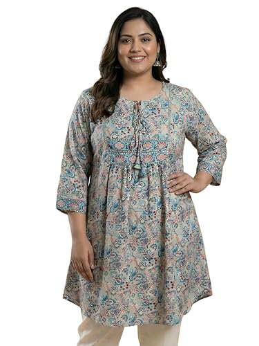 Image of Yash Gallery Women's Polyester Relaxed Fit Short Floral Placet 3 /4 Sleeve and Keyhole Neck Printed Kurti